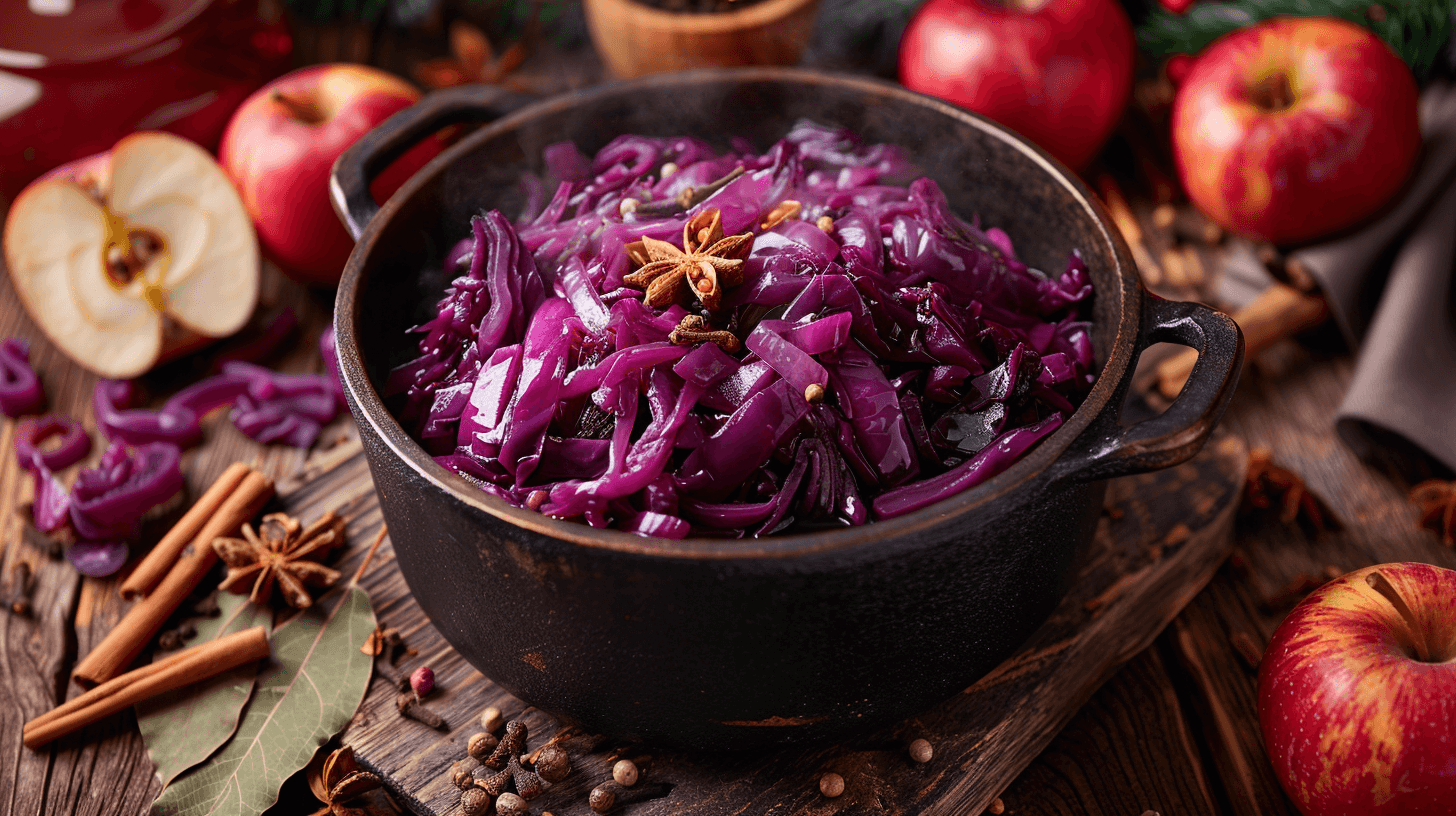 Eine Schüssel roter Kohl, verfeinert mit Gewürzen und Äpfeln.