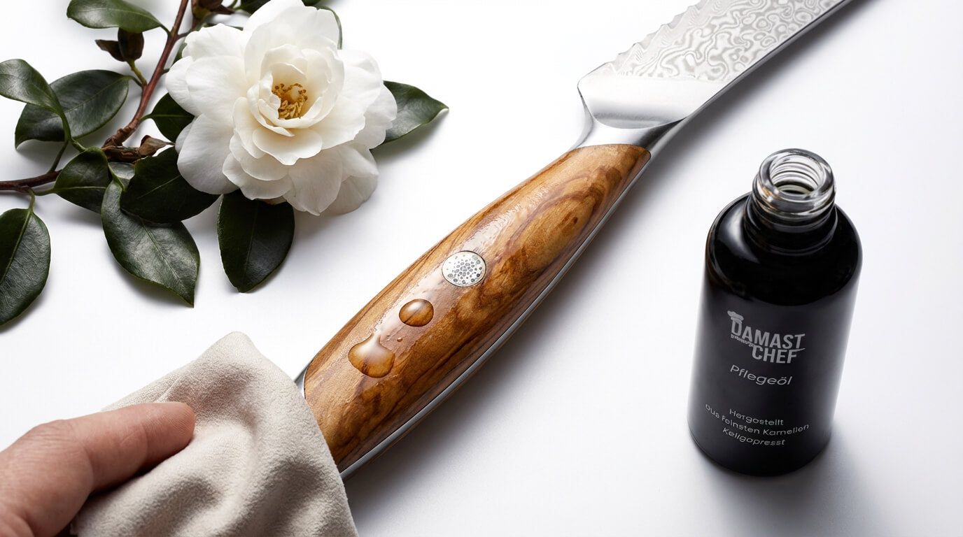 Ein Holzgriff eines Brotmessers wird mit einem Pflegeöl eingeölt und gepflegt