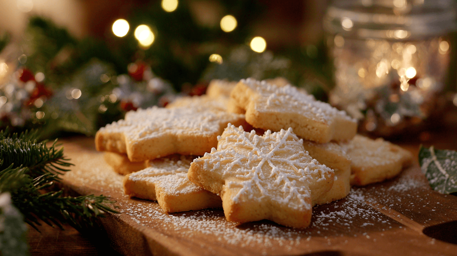 Butterplätzchen mit Weihnachtsdekoration und Puderzucker