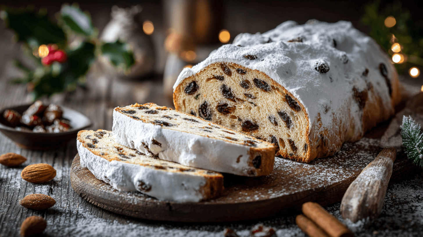 Christstollen in dekorativer Weihnachtsatmosphäre