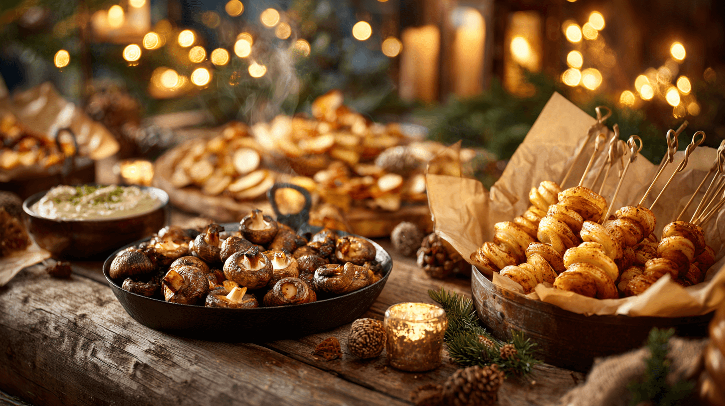 Ein festlich gedeckter Buffet-Tisch mit verschiedenen Speisen und Kerzen auf einem Weihnachtsmarkt.