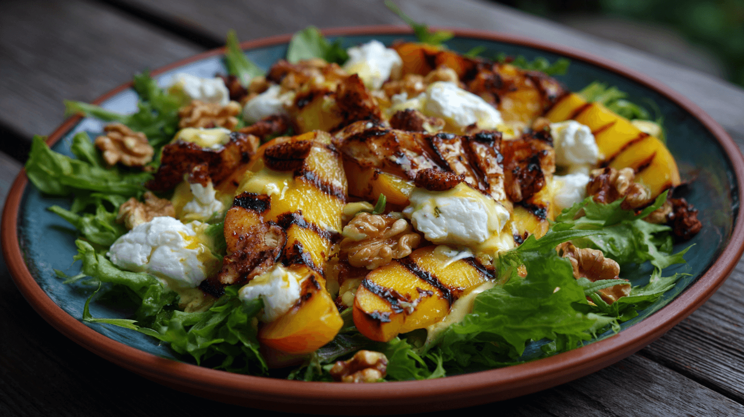 Gegrillter Pfirsich-Salat mit Ziegenkäse & gerösteten Walnüssen