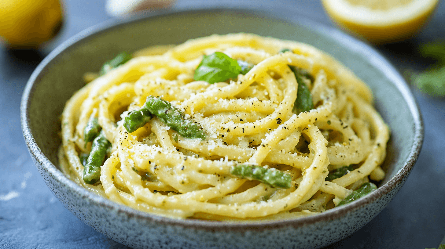 Zitronenpasta mit grünem Spargel