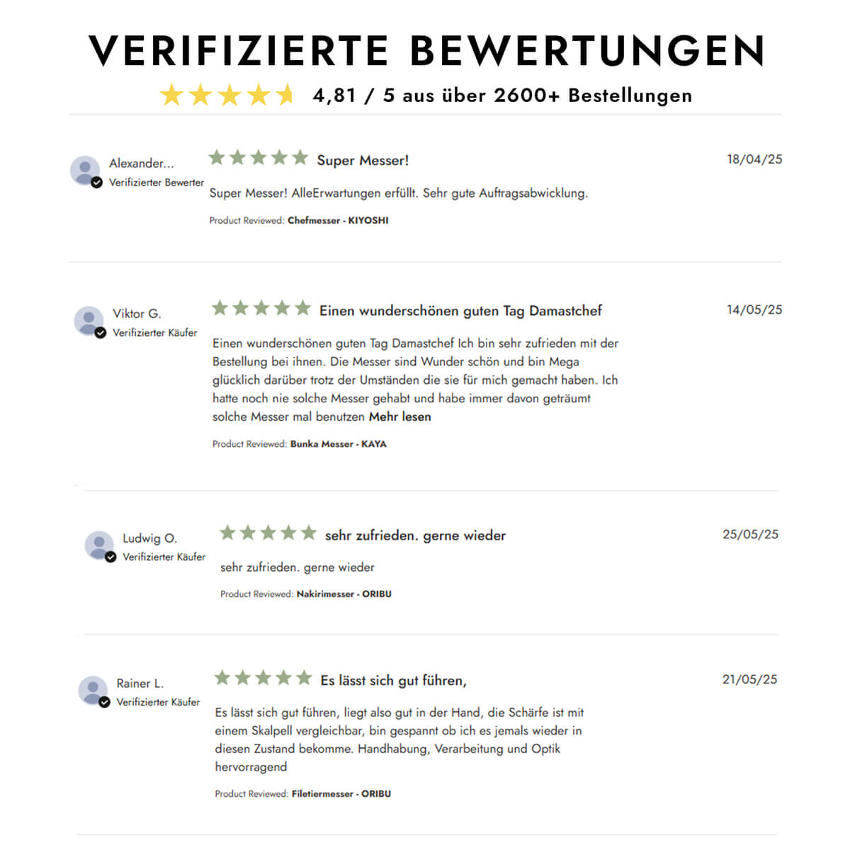 Ausschnitt echter Kundenbewertungen zum Damastmesser auf Damastchef.de