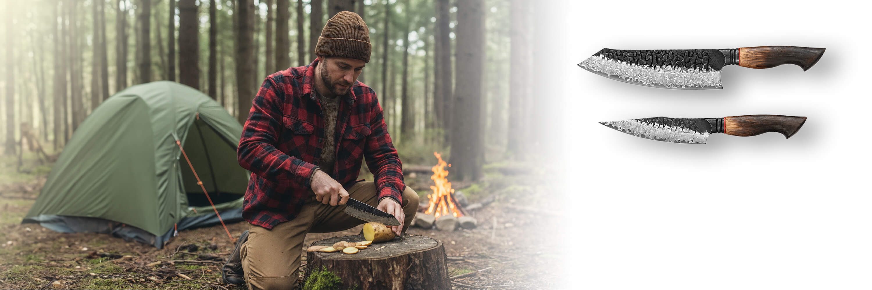 Ein Mann scheidet Outdoor eine Kartoffel mit einem Damastmesser, daneben sind die Damastmesser noch einmal als Detailansicht zu sehen.