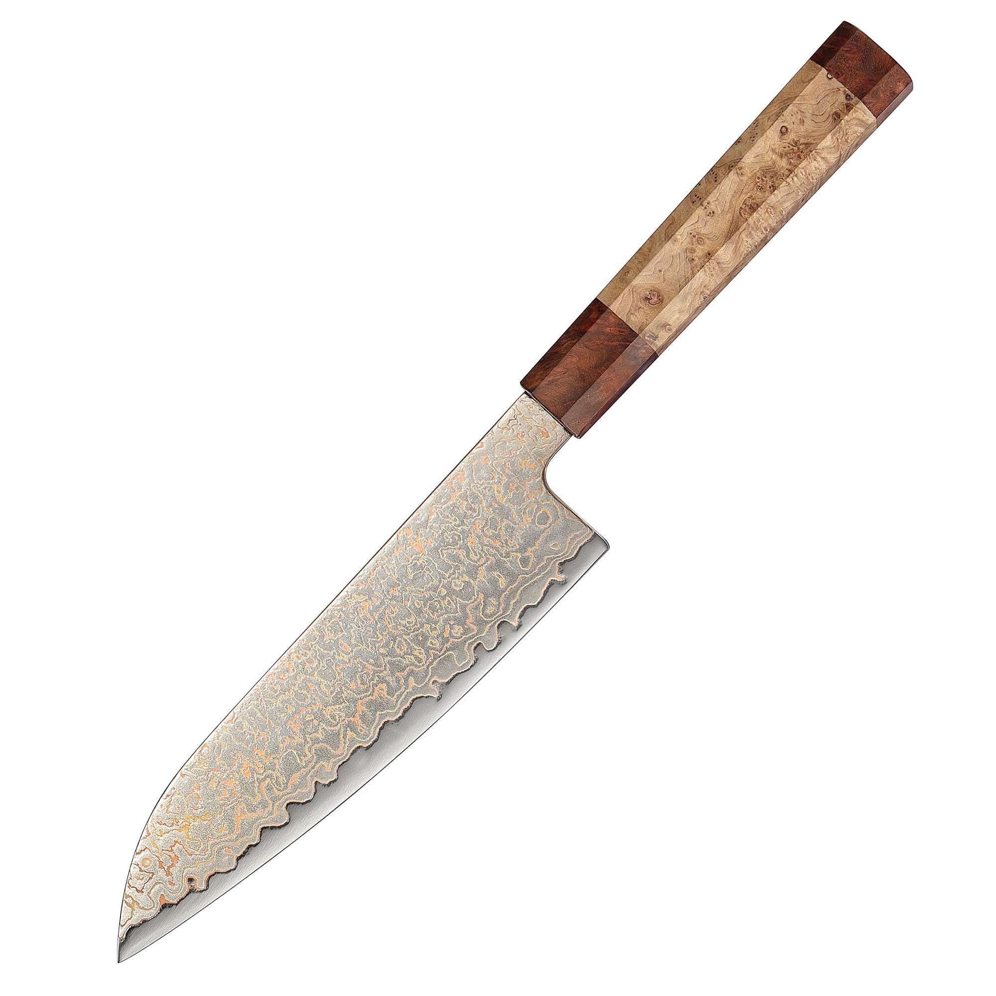 Damastmesser mit wellenförmiger Klinge und Griff aus hellem und dunklem Holz, rechteckig und ergonomisch geformt.