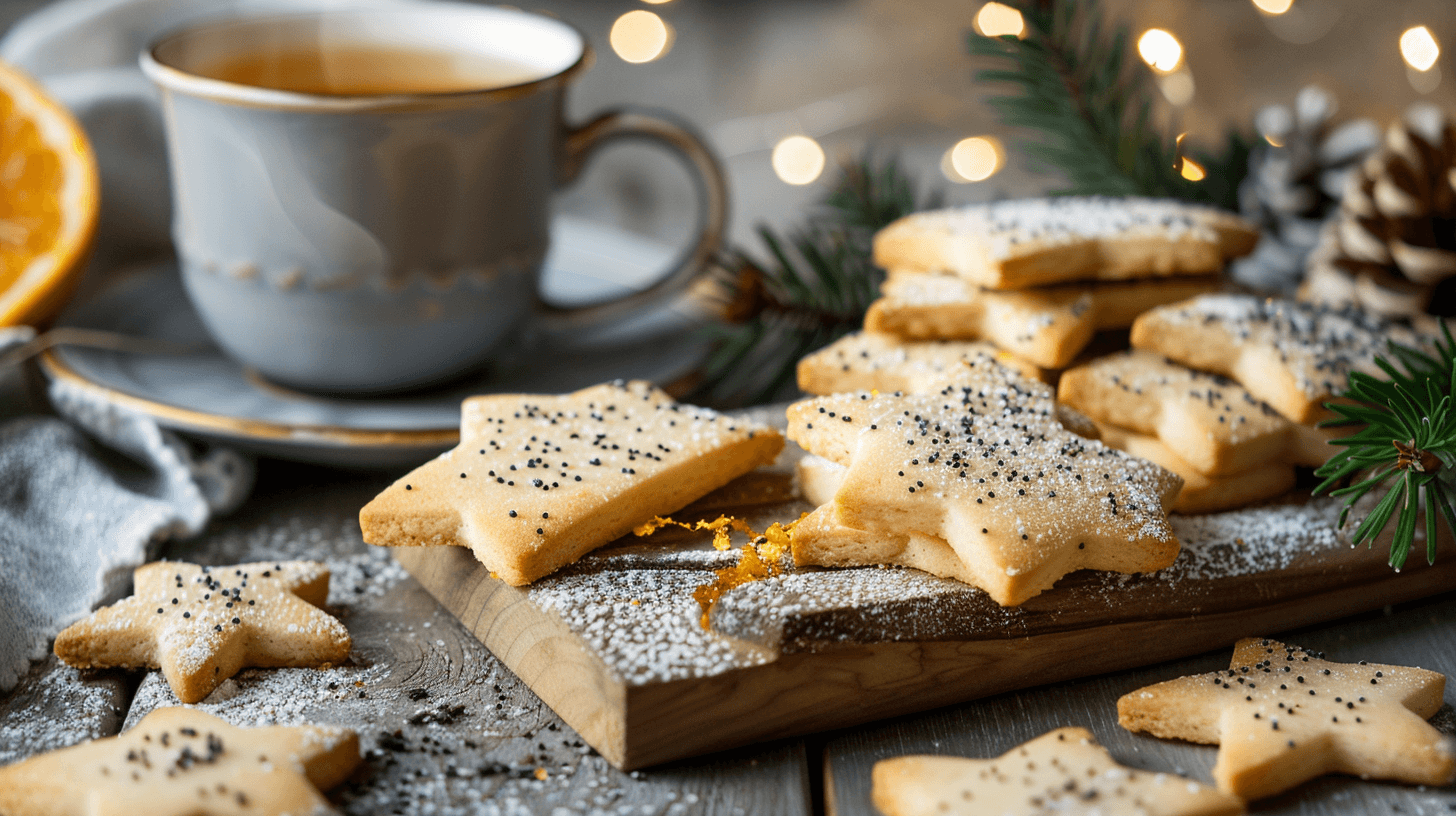 1. Weihnachtsplätzchen und eine Tasse Tee auf einem Holztisch arrangiert.