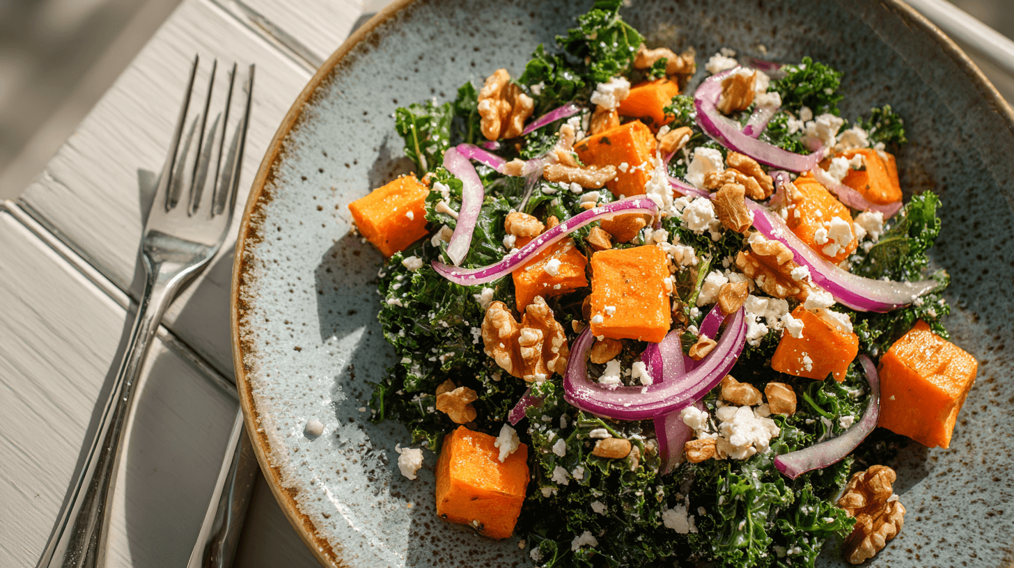 Gebratener Grünkohl-Salat mit karamellisierten Süßkartoffeln & Feta