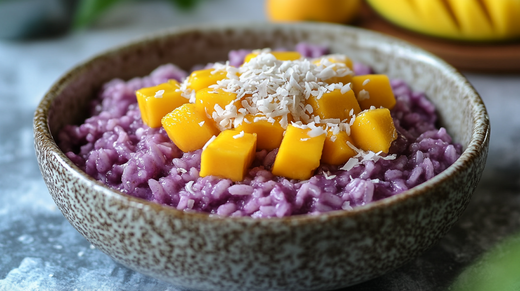 Purple mango sticky rice pudding