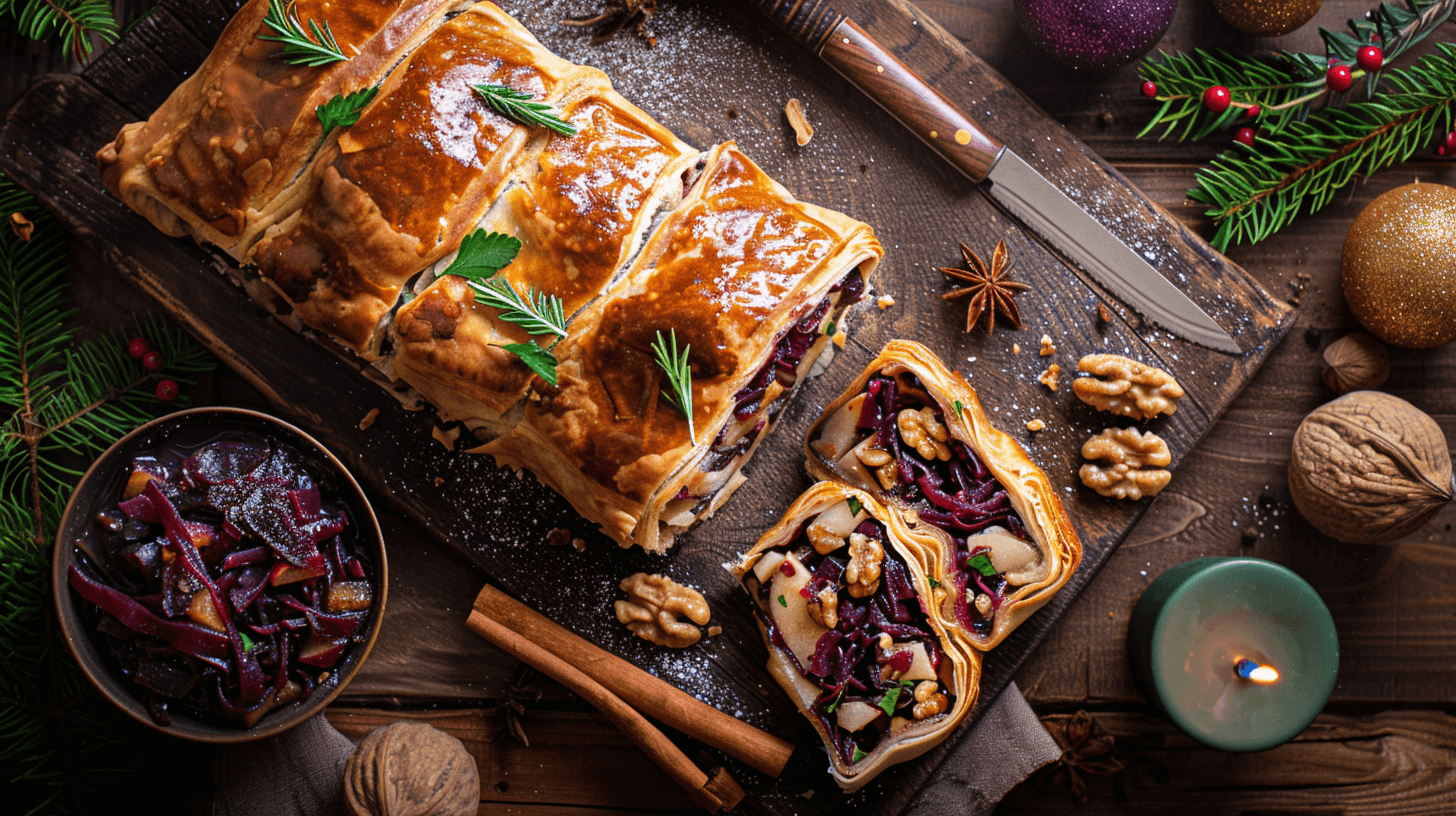 Maronen-Rotkohl-Strudel mit Cranberry-Glasur