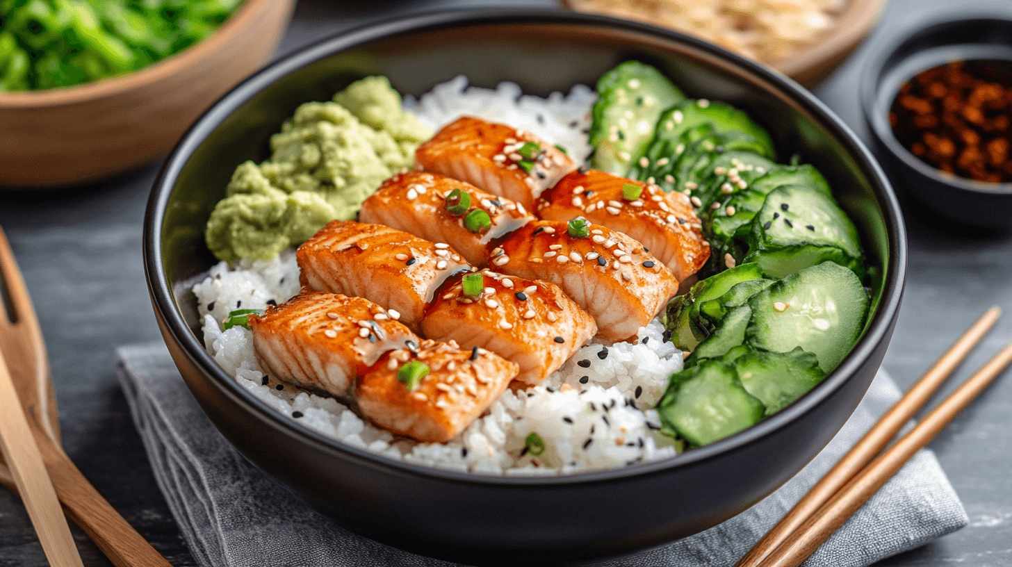 Sushi-Bowl mit Lachs in Teriyaki Sauce