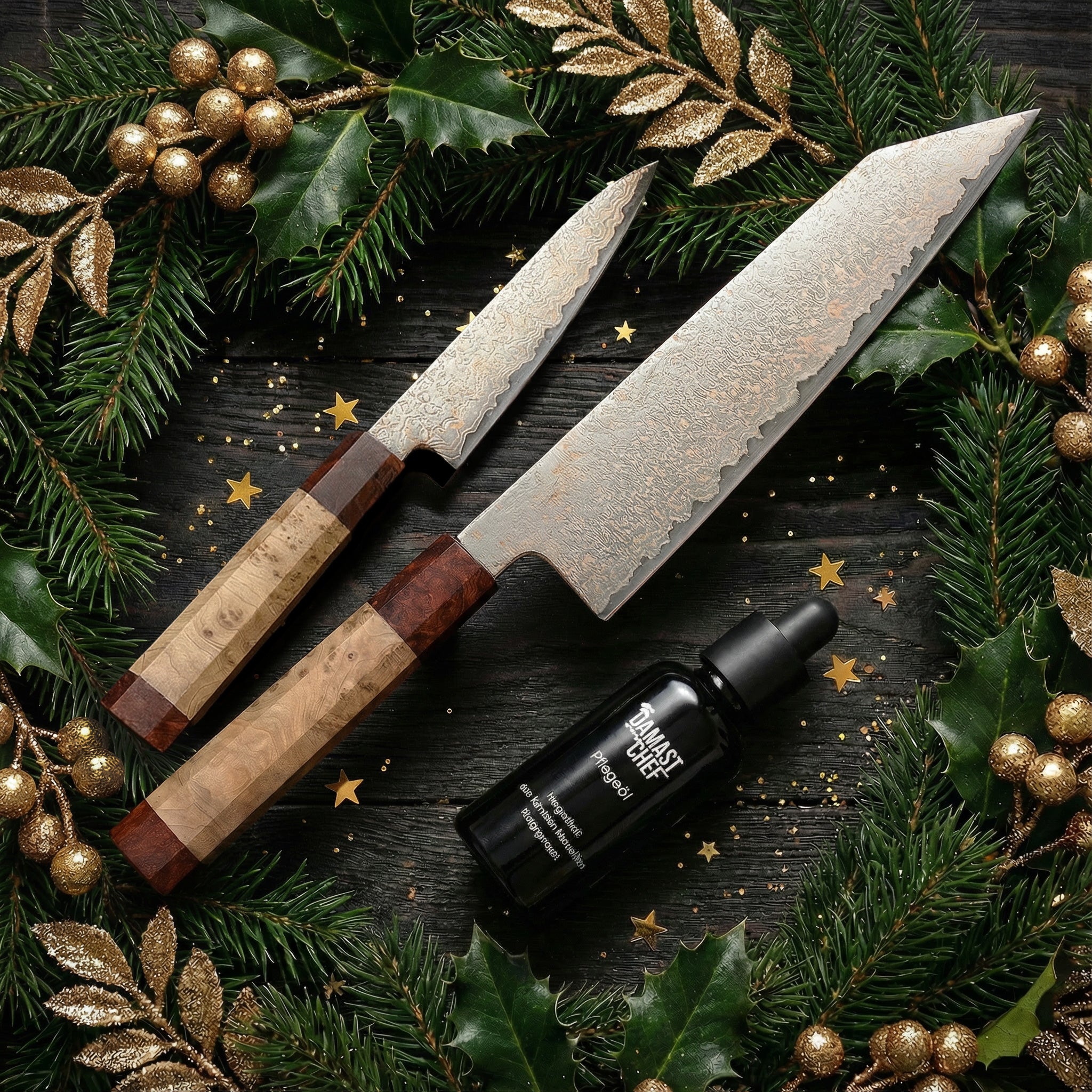 Geschenkideen zu Weihnachten: Stilvolle Damastmesser für die perfekte Küchenausstattung.